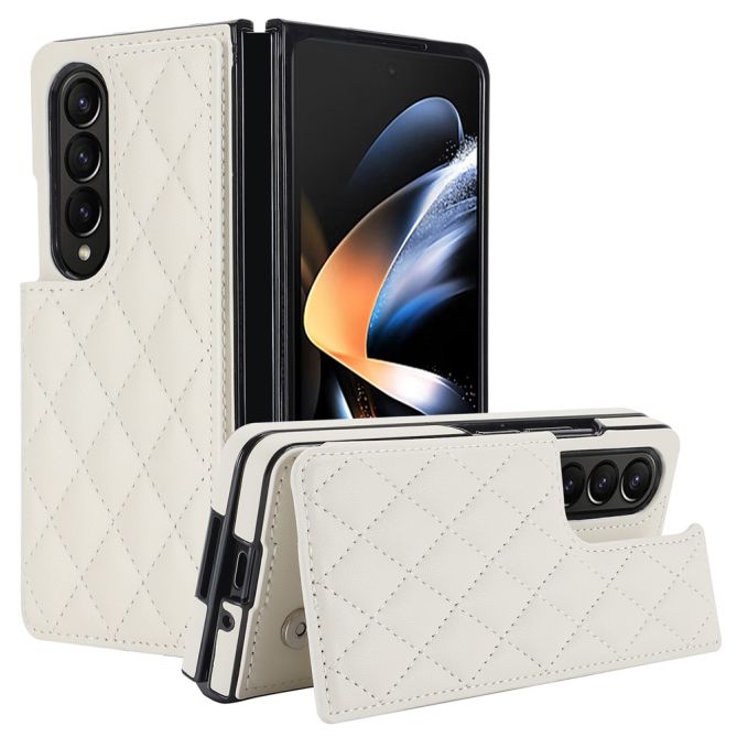 ZD020 Kickstand Phone Case for Samsung Galaxy Z Fold4 5G , Stitching Rhombus PU Leather+PC Card Slots Cover