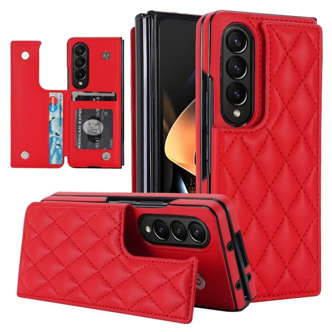 ZD020 Kickstand Phone Case for Samsung Galaxy Z Fold4 5G , Stitching Rhombus PU Leather+PC Card Slots Cover