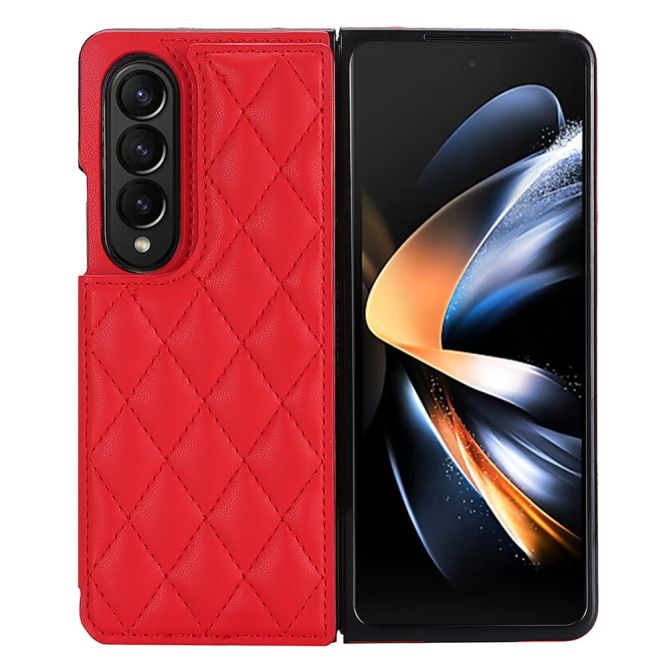 ZD020 Kickstand Phone Case for Samsung Galaxy Z Fold4 5G , Stitching Rhombus PU Leather+PC Card Slots Cover