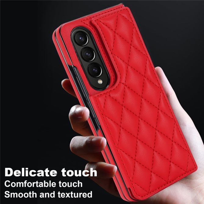 ZD020 Kickstand Phone Case for Samsung Galaxy Z Fold4 5G , Stitching Rhombus PU Leather+PC Card Slots Cover