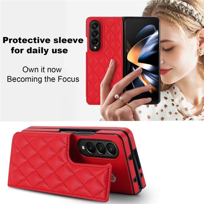 ZD020 Kickstand Phone Case for Samsung Galaxy Z Fold4 5G , Stitching Rhombus PU Leather+PC Card Slots Cover