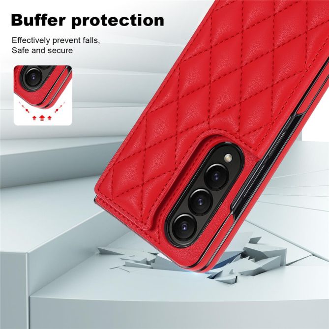 ZD020 Kickstand Phone Case for Samsung Galaxy Z Fold4 5G , Stitching Rhombus PU Leather+PC Card Slots Cover
