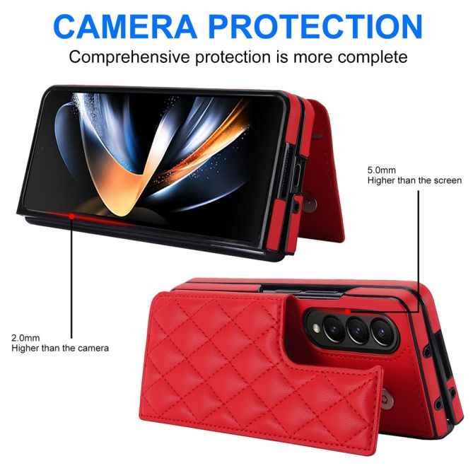 ZD020 Kickstand Phone Case for Samsung Galaxy Z Fold4 5G , Stitching Rhombus PU Leather+PC Card Slots Cover