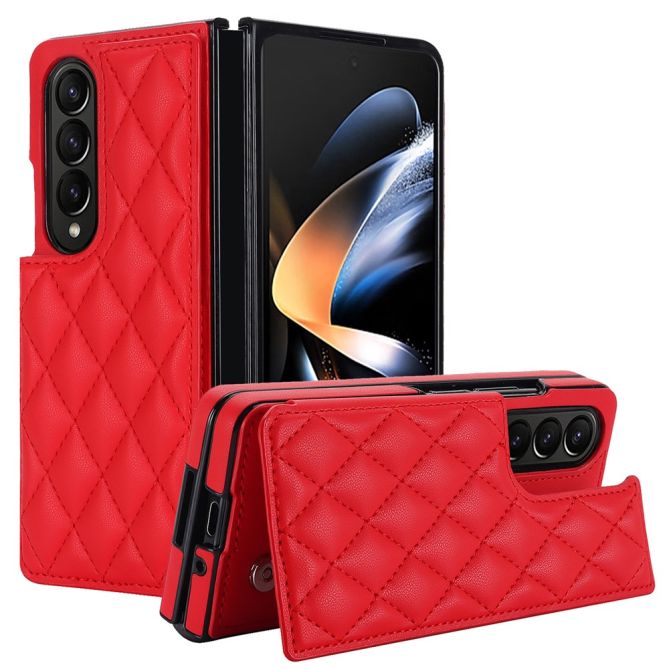 ZD020 Kickstand Phone Case for Samsung Galaxy Z Fold4 5G , Stitching Rhombus PU Leather+PC Card Slots Cover
