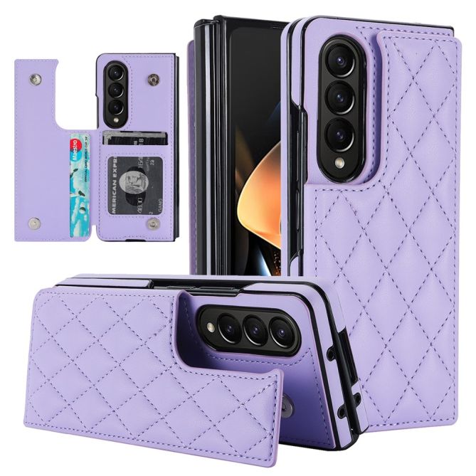 ZD020 Kickstand Phone Case for Samsung Galaxy Z Fold4 5G , Stitching Rhombus PU Leather+PC Card Slots Cover