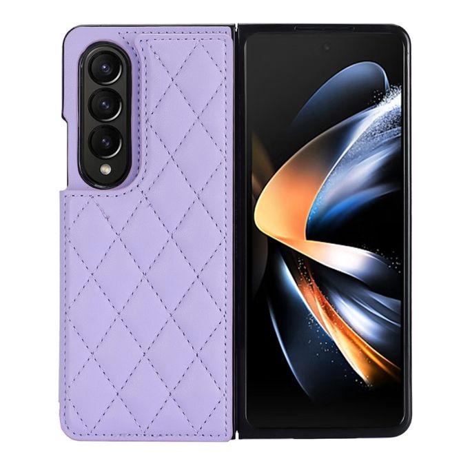 ZD020 Kickstand Phone Case for Samsung Galaxy Z Fold4 5G , Stitching Rhombus PU Leather+PC Card Slots Cover