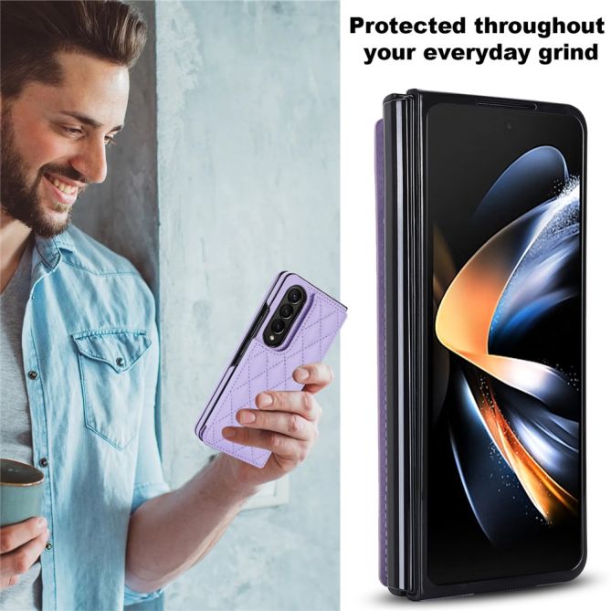 ZD020 Kickstand Phone Case for Samsung Galaxy Z Fold4 5G , Stitching Rhombus PU Leather+PC Card Slots Cover