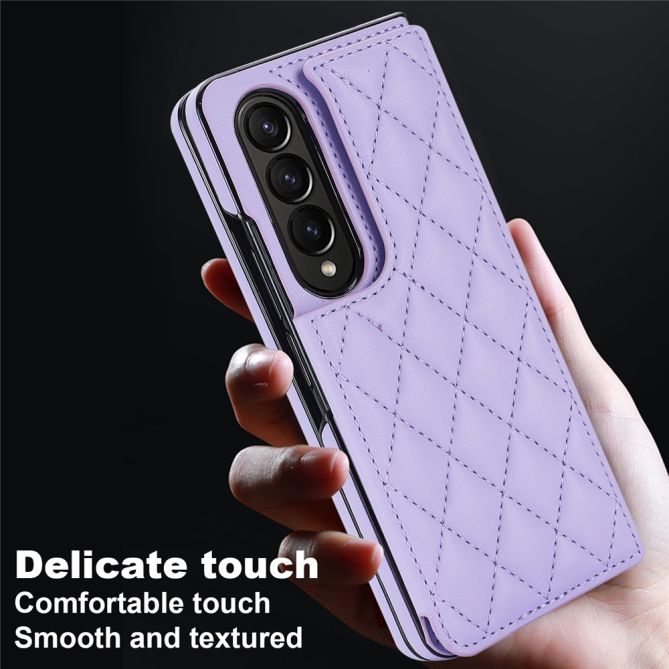 ZD020 Kickstand Phone Case for Samsung Galaxy Z Fold4 5G , Stitching Rhombus PU Leather+PC Card Slots Cover