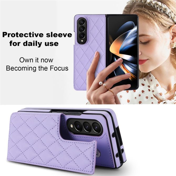 ZD020 Kickstand Phone Case for Samsung Galaxy Z Fold4 5G , Stitching Rhombus PU Leather+PC Card Slots Cover