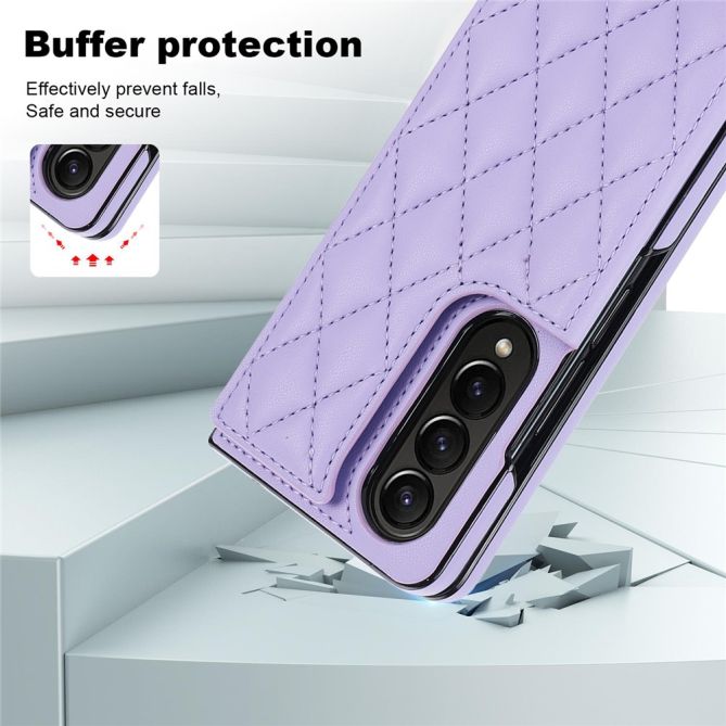 ZD020 Kickstand Phone Case for Samsung Galaxy Z Fold4 5G , Stitching Rhombus PU Leather+PC Card Slots Cover