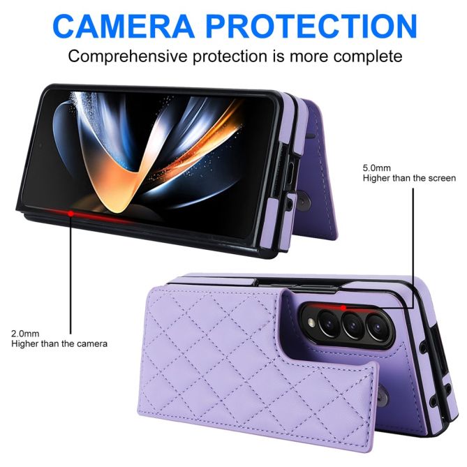 ZD020 Kickstand Phone Case for Samsung Galaxy Z Fold4 5G , Stitching Rhombus PU Leather+PC Card Slots Cover