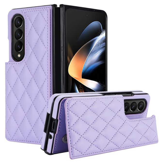 ZD020 Kickstand Phone Case for Samsung Galaxy Z Fold4 5G , Stitching Rhombus PU Leather+PC Card Slots Cover