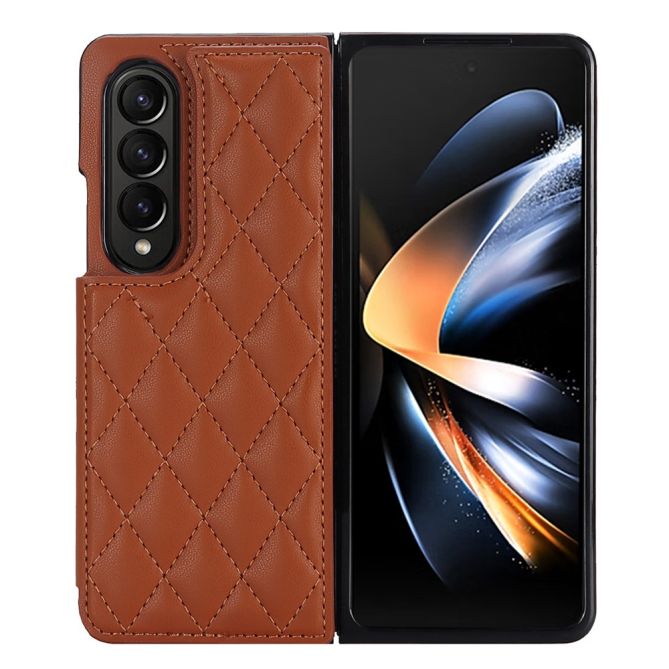 ZD020 Kickstand Phone Case for Samsung Galaxy Z Fold4 5G , Stitching Rhombus PU Leather+PC Card Slots Cover