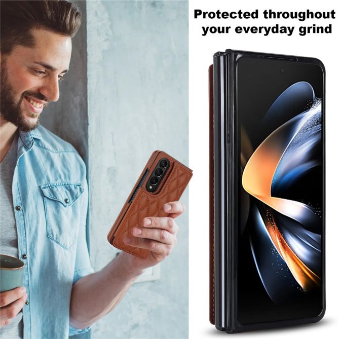 ZD020 Kickstand Phone Case for Samsung Galaxy Z Fold4 5G , Stitching Rhombus PU Leather+PC Card Slots Cover