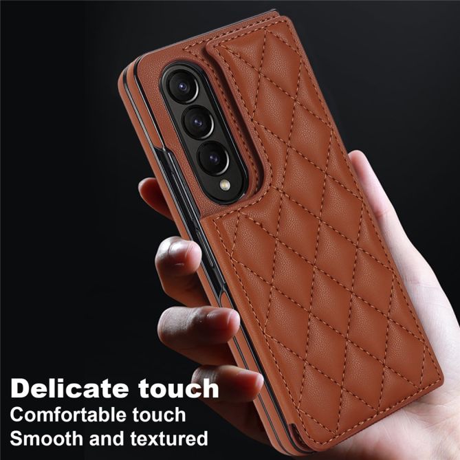 ZD020 Kickstand Phone Case for Samsung Galaxy Z Fold4 5G , Stitching Rhombus PU Leather+PC Card Slots Cover