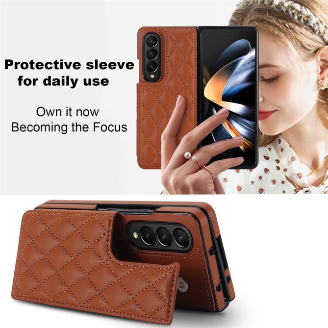 ZD020 Kickstand Phone Case for Samsung Galaxy Z Fold4 5G , Stitching Rhombus PU Leather+PC Card Slots Cover