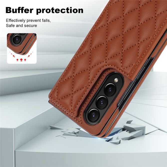 ZD020 Kickstand Phone Case for Samsung Galaxy Z Fold4 5G , Stitching Rhombus PU Leather+PC Card Slots Cover