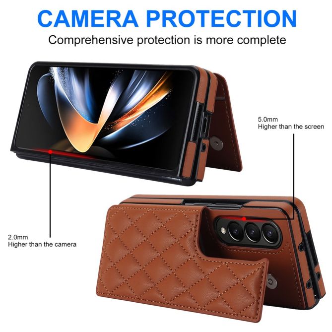 ZD020 Kickstand Phone Case for Samsung Galaxy Z Fold4 5G , Stitching Rhombus PU Leather+PC Card Slots Cover