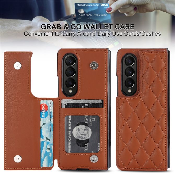 ZD020 Kickstand Phone Case for Samsung Galaxy Z Fold4 5G , Stitching Rhombus PU Leather+PC Card Slots Cover