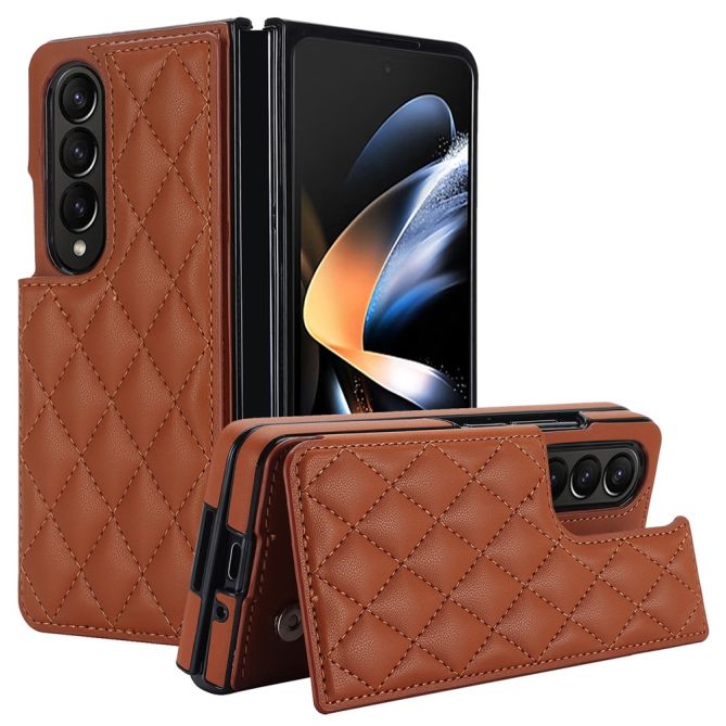 ZD020 Kickstand Phone Case for Samsung Galaxy Z Fold4 5G , Stitching Rhombus PU Leather+PC Card Slots Cover