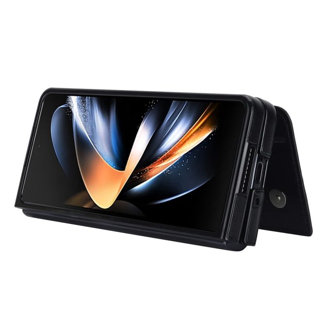 ZD018 Card Holder Phone Case for Samsung Galaxy Z Fold4 5G , PU Leather+PC Kickstand Double Magnetic Clasp Cover