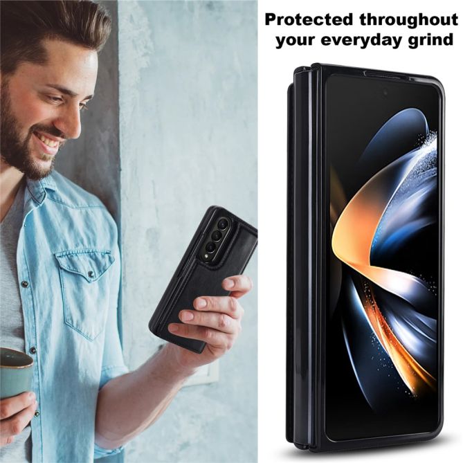 ZD018 Card Holder Phone Case for Samsung Galaxy Z Fold4 5G , PU Leather+PC Kickstand Double Magnetic Clasp Cover