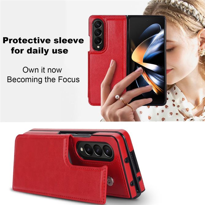 ZD018 Card Holder Phone Case for Samsung Galaxy Z Fold4 5G , PU Leather+PC Kickstand Double Magnetic Clasp Cover