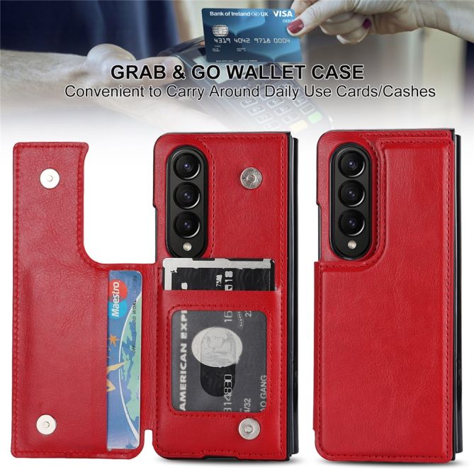 ZD018 Card Holder Phone Case for Samsung Galaxy Z Fold4 5G , PU Leather+PC Kickstand Double Magnetic Clasp Cover