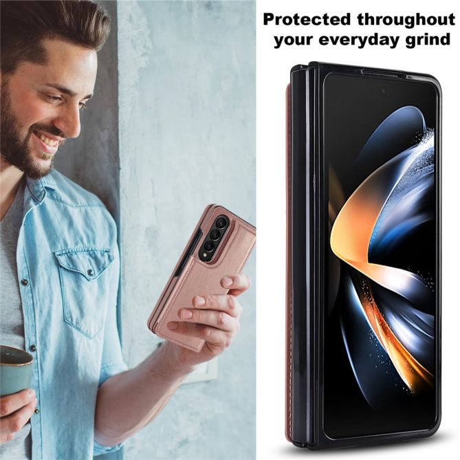 ZD018 Card Holder Phone Case for Samsung Galaxy Z Fold4 5G , PU Leather+PC Kickstand Double Magnetic Clasp Cover