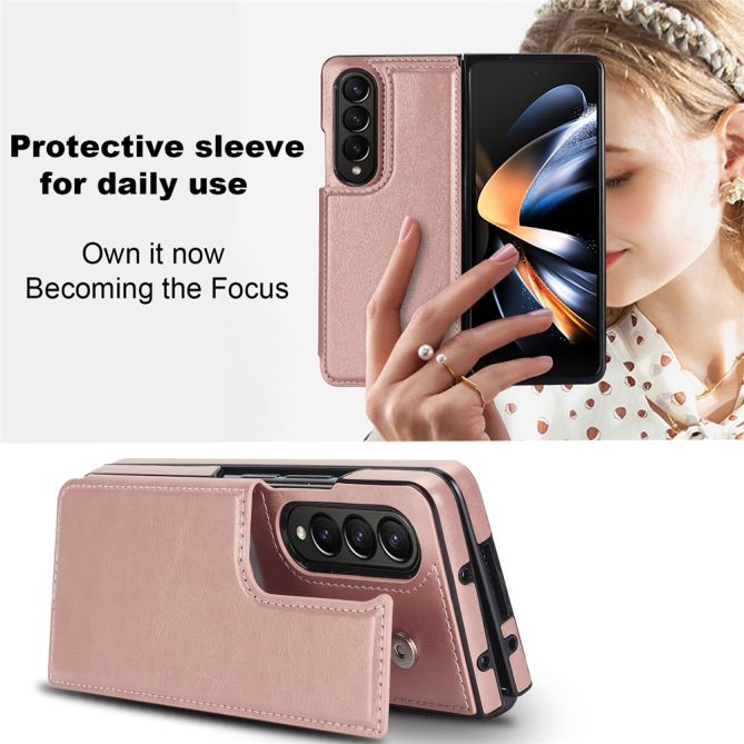 ZD018 Card Holder Phone Case for Samsung Galaxy Z Fold4 5G , PU Leather+PC Kickstand Double Magnetic Clasp Cover