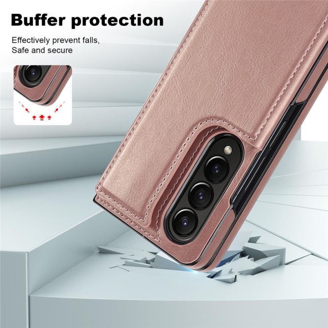 ZD018 Card Holder Phone Case for Samsung Galaxy Z Fold4 5G , PU Leather+PC Kickstand Double Magnetic Clasp Cover