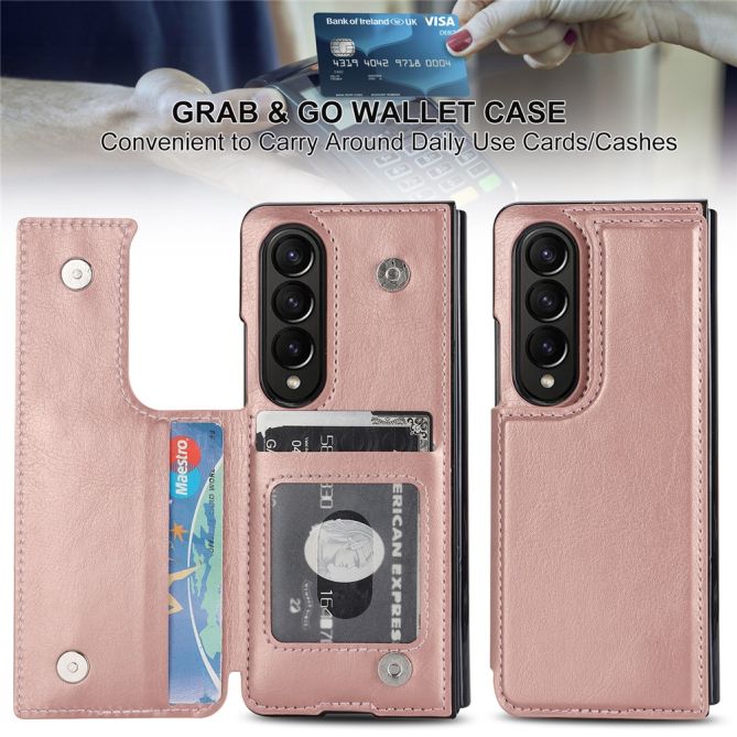 ZD018 Card Holder Phone Case for Samsung Galaxy Z Fold4 5G , PU Leather+PC Kickstand Double Magnetic Clasp Cover