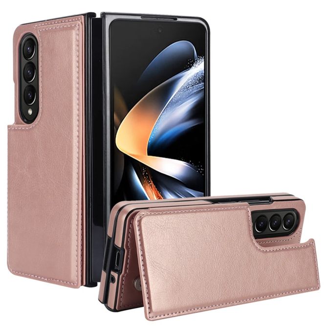 ZD018 Card Holder Phone Case for Samsung Galaxy Z Fold4 5G , PU Leather+PC Kickstand Double Magnetic Clasp Cover