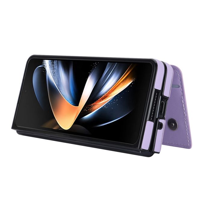 ZD018 Card Holder Phone Case for Samsung Galaxy Z Fold4 5G , PU Leather+PC Kickstand Double Magnetic Clasp Cover