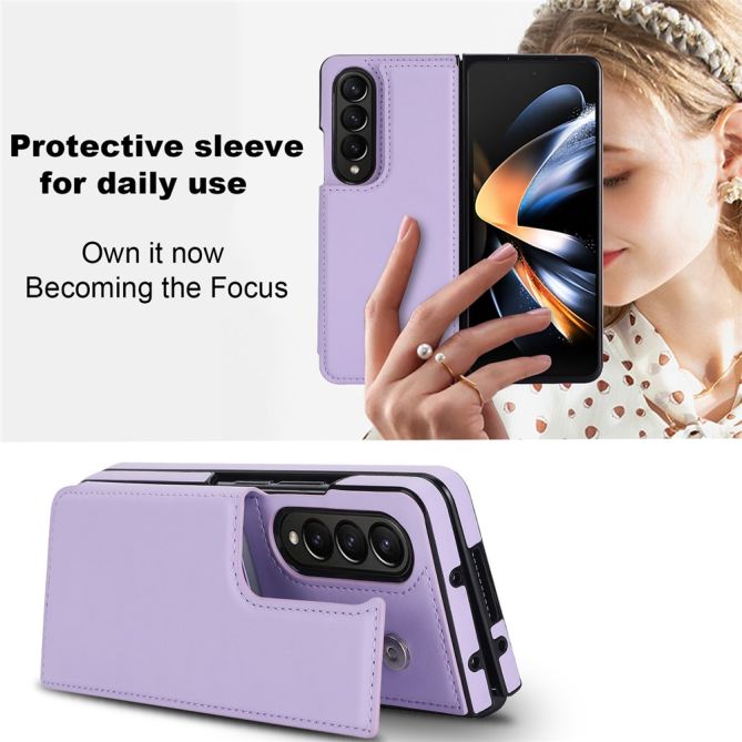 ZD018 Card Holder Phone Case for Samsung Galaxy Z Fold4 5G , PU Leather+PC Kickstand Double Magnetic Clasp Cover