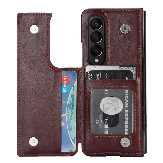 ZD018 Card Holder Phone Case for Samsung Galaxy Z Fold4 5G , PU Leather+PC Kickstand Double Magnetic Clasp Cover