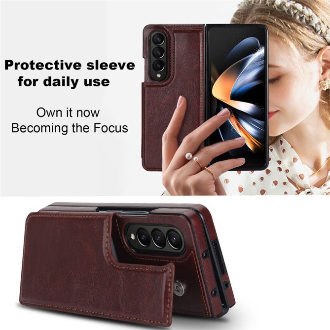 ZD018 Card Holder Phone Case for Samsung Galaxy Z Fold4 5G , PU Leather+PC Kickstand Double Magnetic Clasp Cover