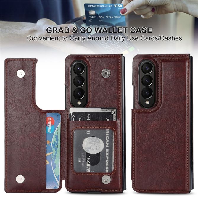ZD018 Card Holder Phone Case for Samsung Galaxy Z Fold4 5G , PU Leather+PC Kickstand Double Magnetic Clasp Cover