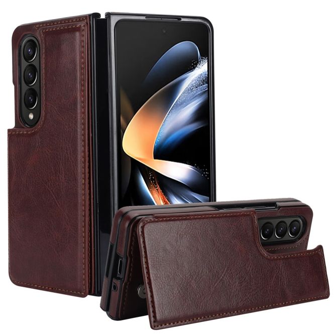ZD018 Card Holder Phone Case for Samsung Galaxy Z Fold4 5G , PU Leather+PC Kickstand Double Magnetic Clasp Cover