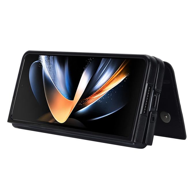 ZD019 Card Slots Kickstand Cover for Samsung Galaxy Z Fold4 5G , PU Leather+PC Folding Phone Case with Pen Holder