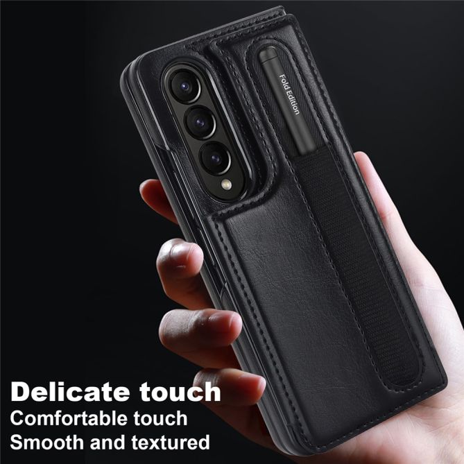 ZD019 Card Slots Kickstand Cover for Samsung Galaxy Z Fold4 5G , PU Leather+PC Folding Phone Case with Pen Holder