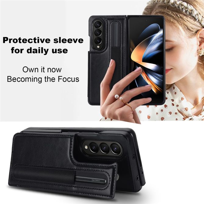 ZD019 Card Slots Kickstand Cover for Samsung Galaxy Z Fold4 5G , PU Leather+PC Folding Phone Case with Pen Holder