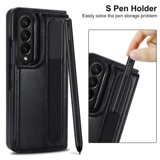 ZD019 Card Slots Kickstand Cover for Samsung Galaxy Z Fold4 5G , PU Leather+PC Folding Phone Case with Pen Holder