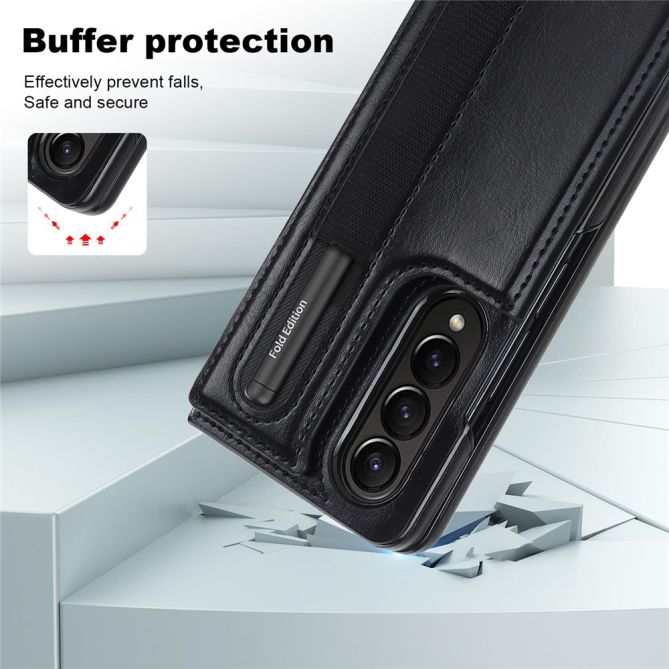 ZD019 Card Slots Kickstand Cover for Samsung Galaxy Z Fold4 5G , PU Leather+PC Folding Phone Case with Pen Holder