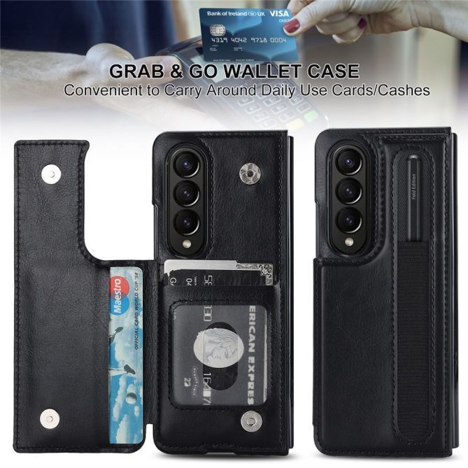 ZD019 Card Slots Kickstand Cover for Samsung Galaxy Z Fold4 5G , PU Leather+PC Folding Phone Case with Pen Holder
