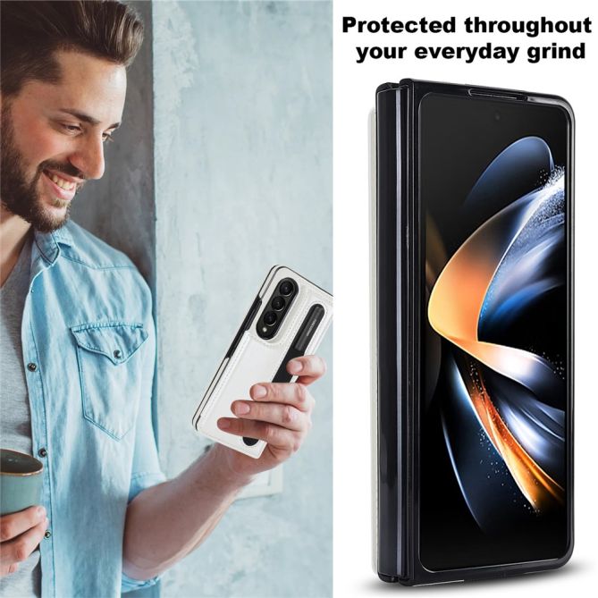 ZD019 Card Slots Kickstand Cover for Samsung Galaxy Z Fold4 5G , PU Leather+PC Folding Phone Case with Pen Holder