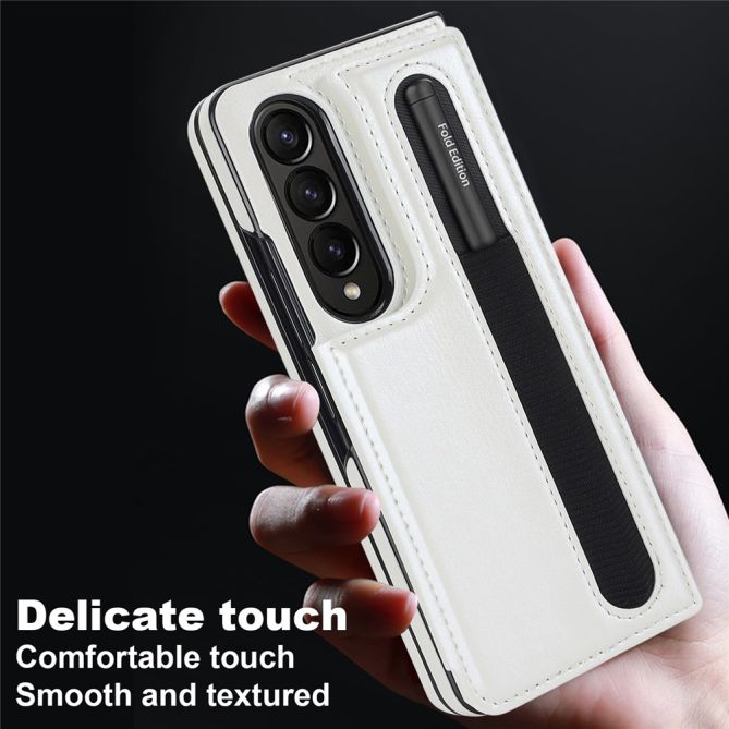 ZD019 Card Slots Kickstand Cover for Samsung Galaxy Z Fold4 5G , PU Leather+PC Folding Phone Case with Pen Holder