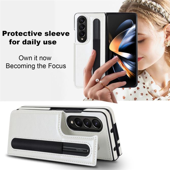 ZD019 Card Slots Kickstand Cover for Samsung Galaxy Z Fold4 5G , PU Leather+PC Folding Phone Case with Pen Holder