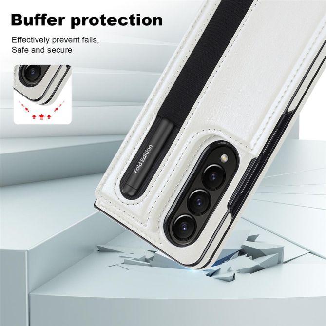 ZD019 Card Slots Kickstand Cover for Samsung Galaxy Z Fold4 5G , PU Leather+PC Folding Phone Case with Pen Holder