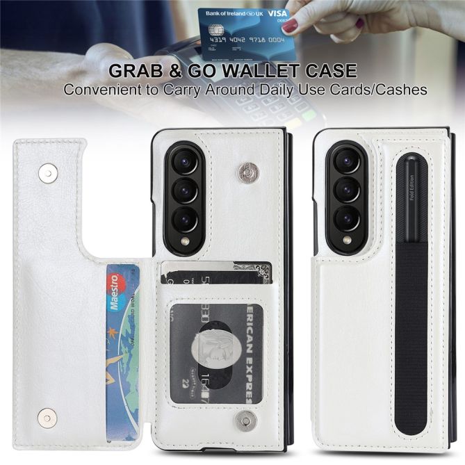 ZD019 Card Slots Kickstand Cover for Samsung Galaxy Z Fold4 5G , PU Leather+PC Folding Phone Case with Pen Holder
